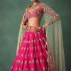 Deep Pink Bridal Butti Work Lehenga With Tassels on Blouse And Dupatta