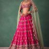 Deep Pink Bridal Butti Work Lehenga With Tassels on Blouse And Dupatta