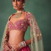 Deep Pink Bridal Butti Work Lehenga With Tassels on Blouse And Dupatta