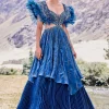 Deep Teal Blue Embroidered Layered Flared Gown With Fancy Sleeves