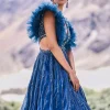 Deep Teal Blue Embroidered Layered Flared Gown With Fancy Sleeves