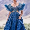 Deep Teal Blue Embroidered Layered Flared Gown With Fancy Sleeves