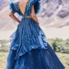 Deep Teal Blue Embroidered Layered Flared Gown With Fancy Sleeves