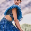 Deep Teal Blue Embroidered Layered Flared Gown With Fancy Sleeves