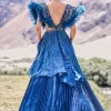 Deep Teal Blue Embroidered Layered Flared Gown With Fancy Sleeves