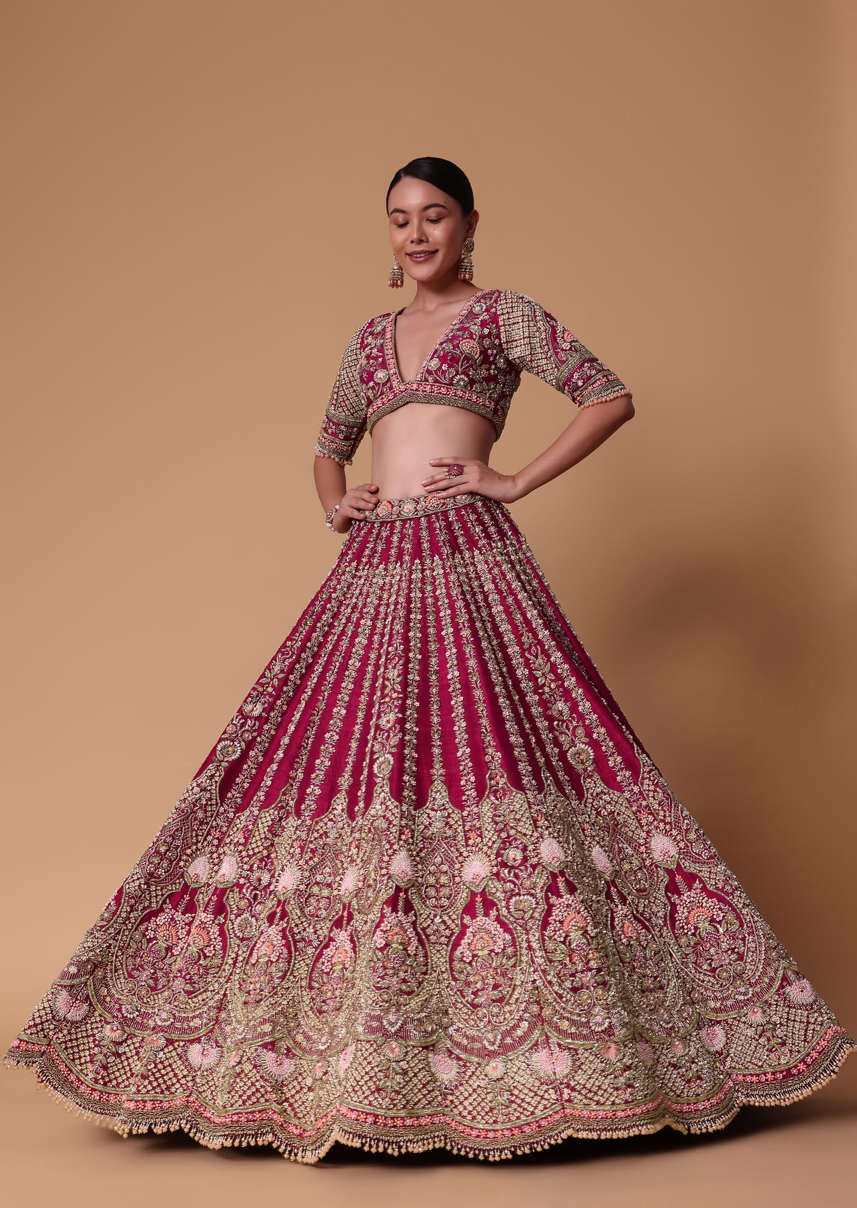 Maroon Raw Silk 16 Kali Zardozi Lehenga Set With Two Dupattas
