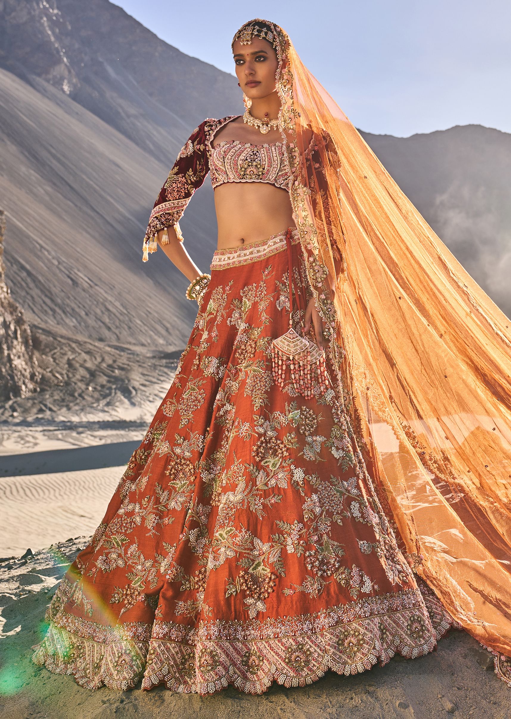 15895-rust-floral-embroidered-lehenga-set-with-two-bordered-dupattas-1.jpg Rust Floral Embroidered Lehenga Set With Two Bordered Dupattas