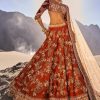 Rust Floral Embroidered Lehenga Set With Two Bordered Dupattas