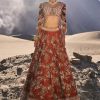 Rust Floral Embroidered Lehenga Set With Two Bordered Dupattas