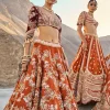 Rust Floral Embroidered Lehenga Set With Two Bordered Dupattas