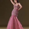 Mauve Mermaid Fit Gown With Tassel Detailing And Gathering At Bottom