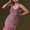 Mauve Mermaid Fit Gown With Tassel Detailing And Gathering At Bottom
