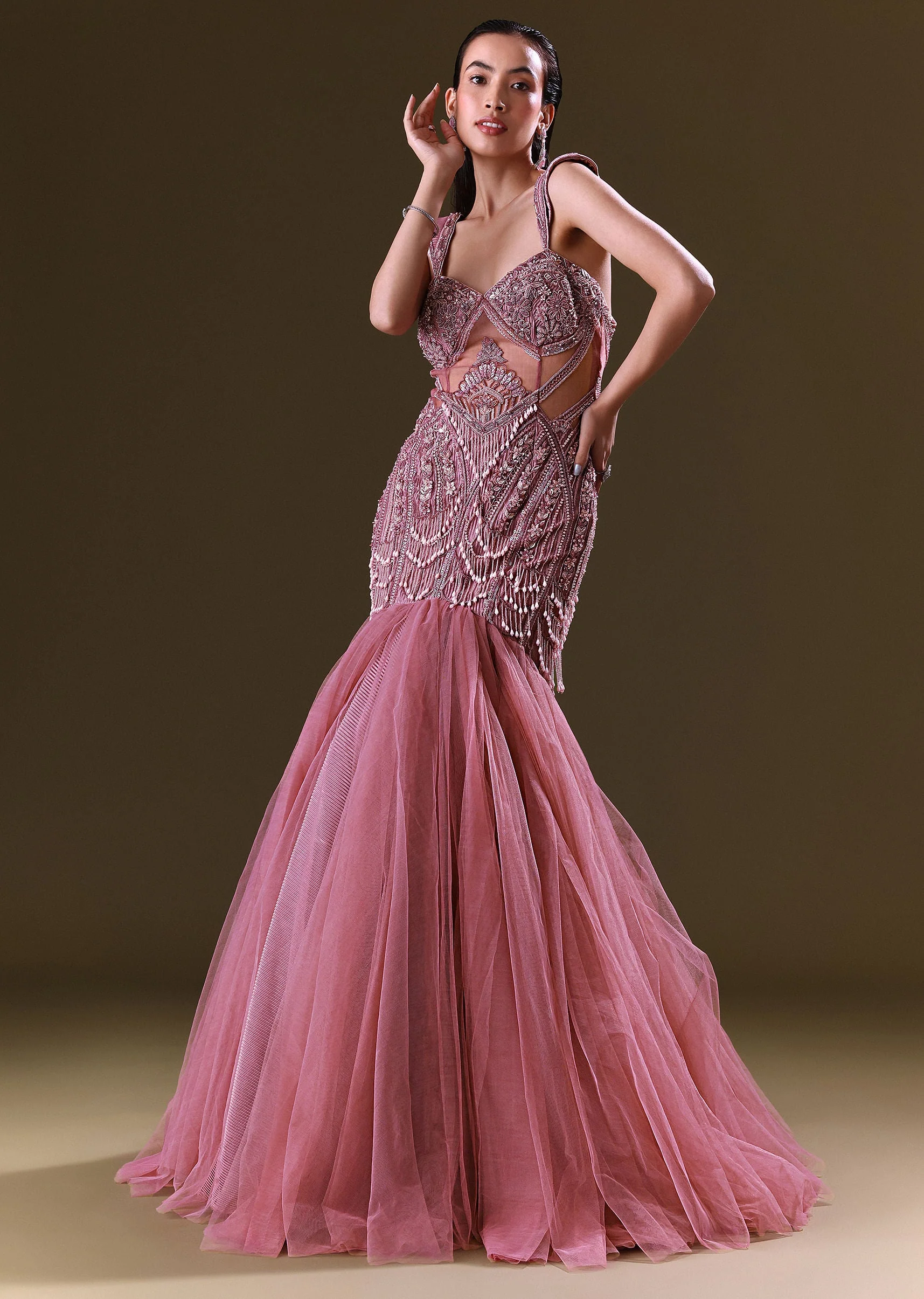 Mauve Mermaid Fit Gown With Tassel Detailing And Gathering At Bottom