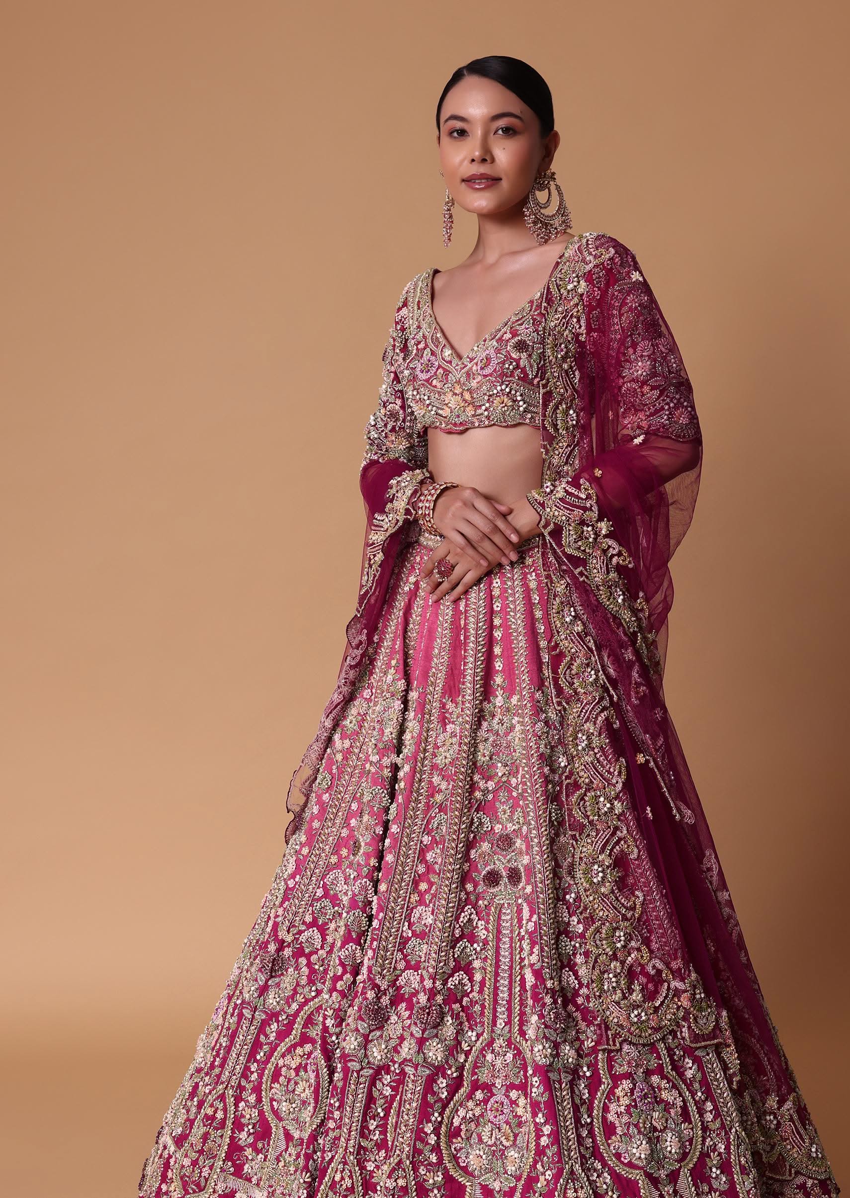 Pink Raw Silk 16 Kali Lehenga And 3D Pearl Embellished Blouse Set