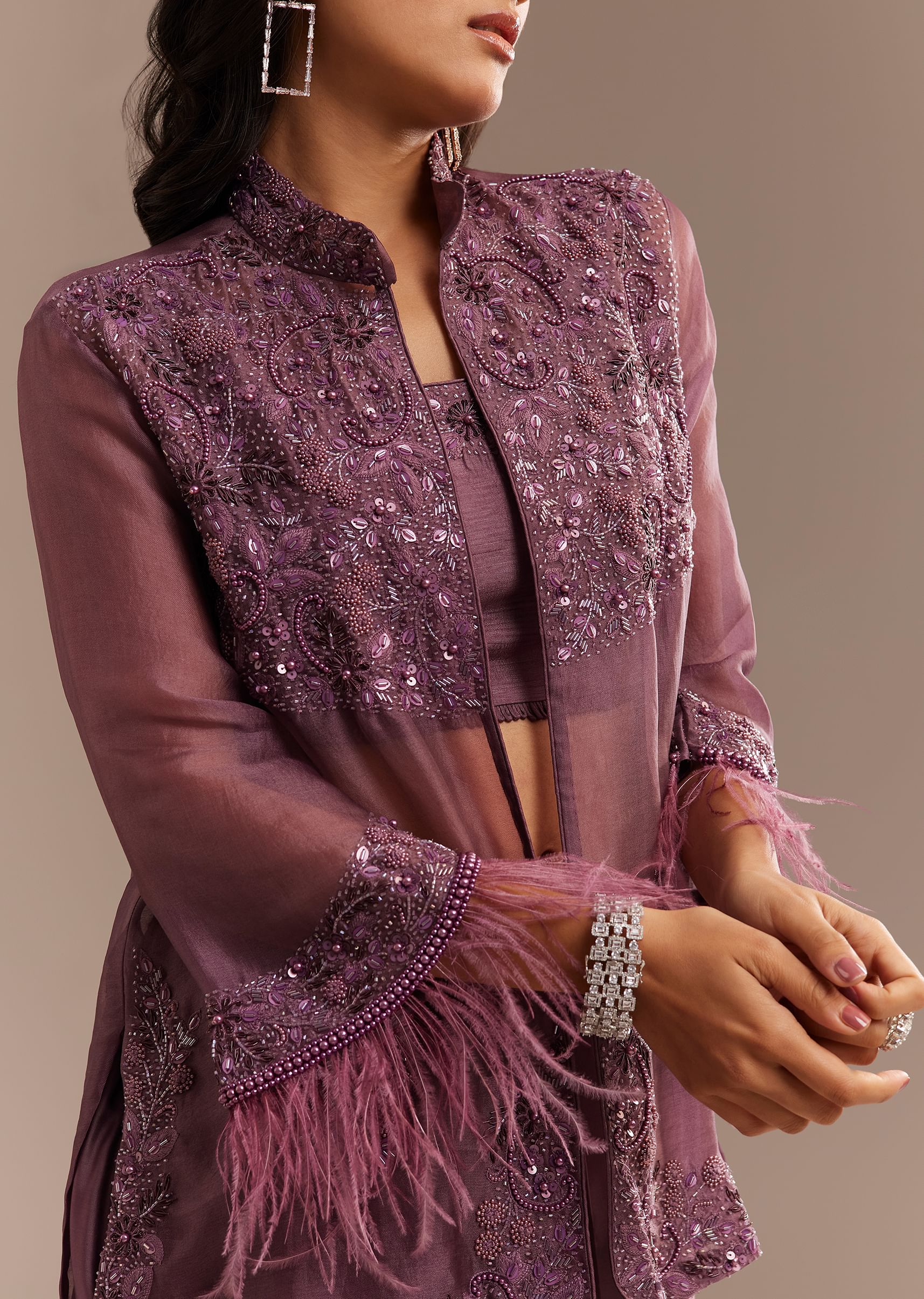 Faded Wine Sequined Jacket Draped Skirt Set