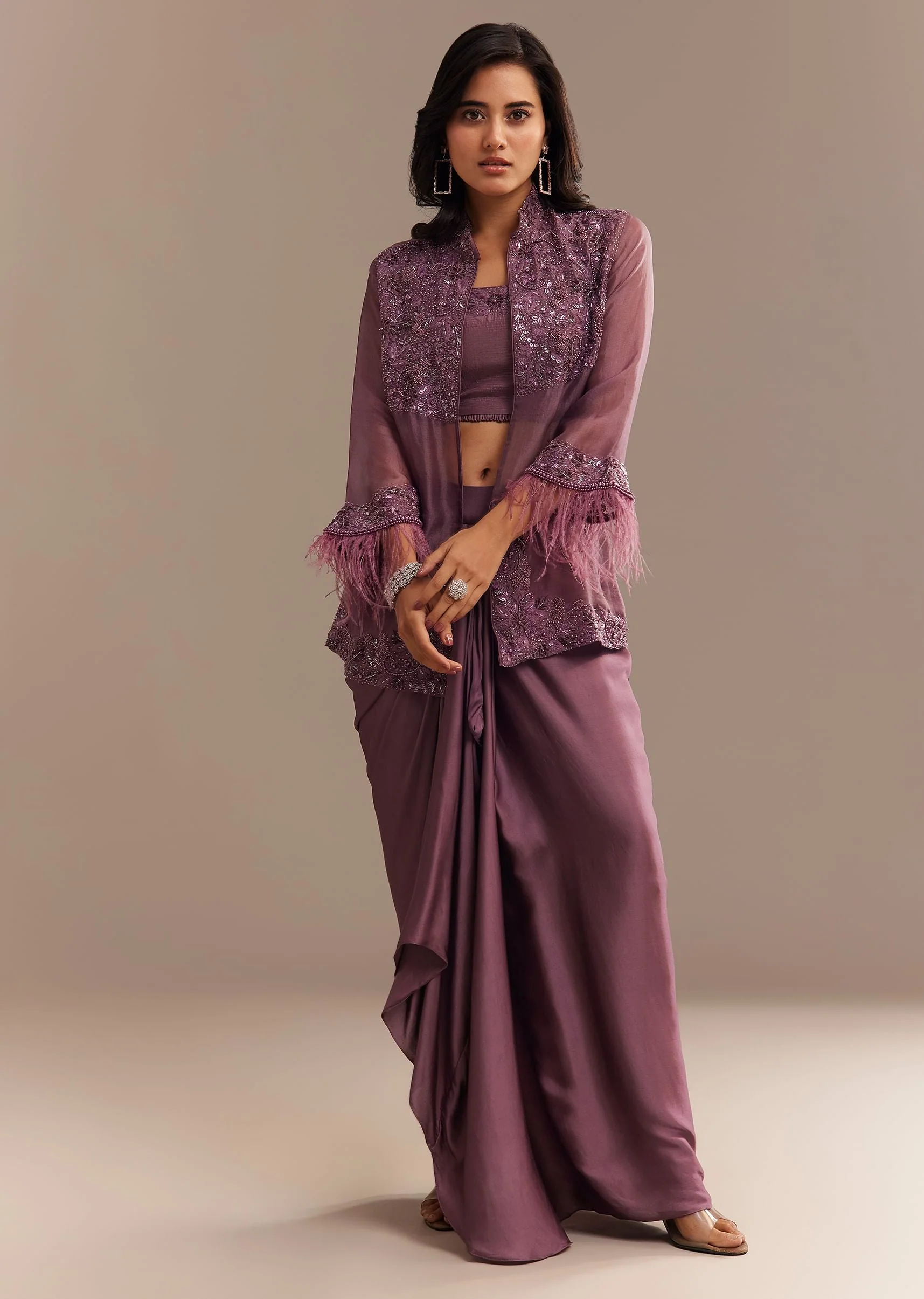Faded Wine Sequined Jacket Draped Skirt Set