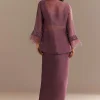 Faded Wine Sequined Jacket Draped Skirt Set