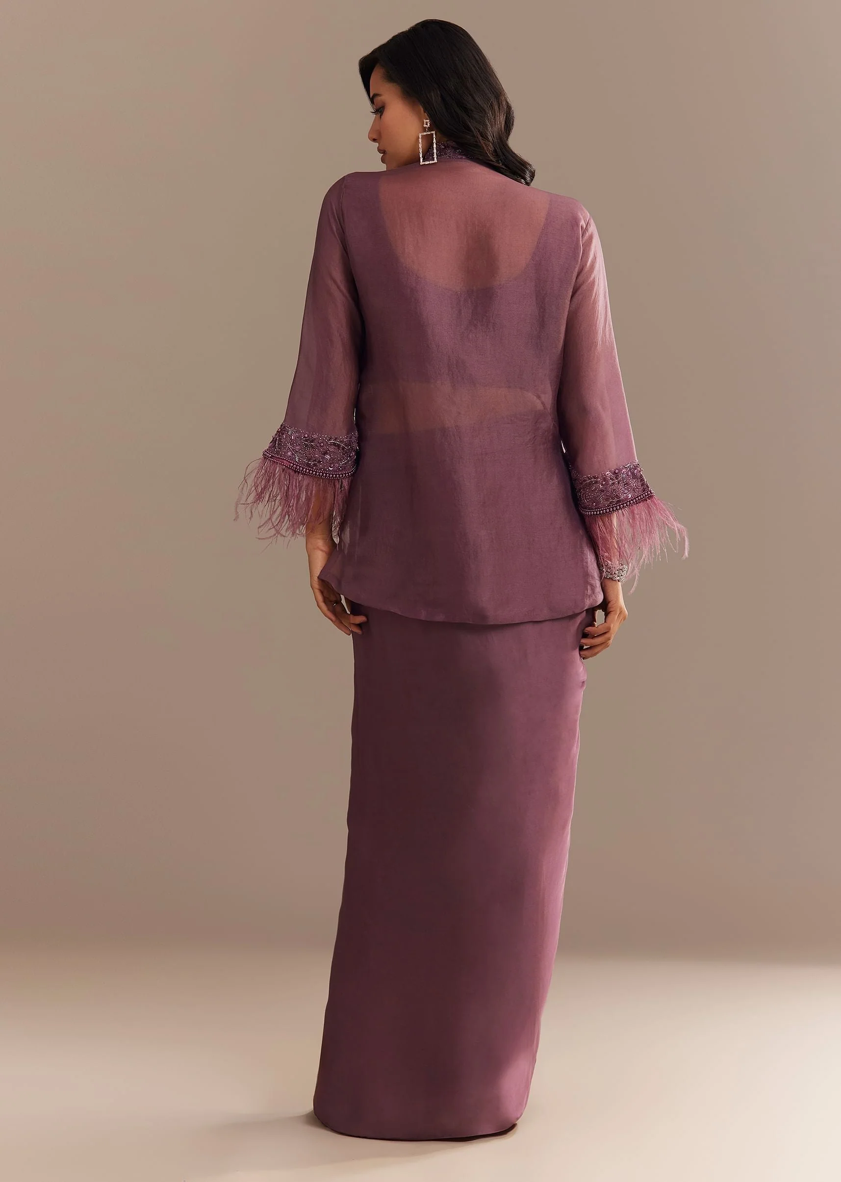 Faded Wine Sequined Jacket Draped Skirt Set
