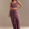 Faded Wine Sequined Jacket Draped Skirt Set