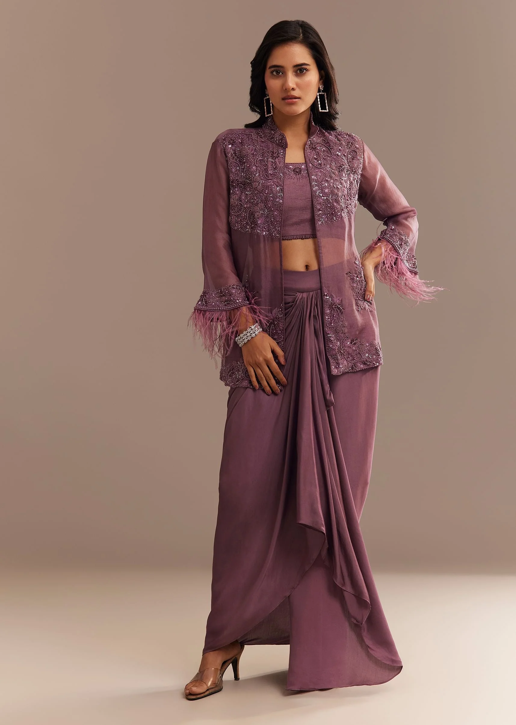 1596-us-0-us-0-variation-1.webp Faded Wine Sequined Jacket Draped Skirt Set