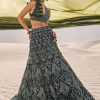 Dark Olive Green 3D Embroidered Lehenga Set With One Side Ruffle Trail