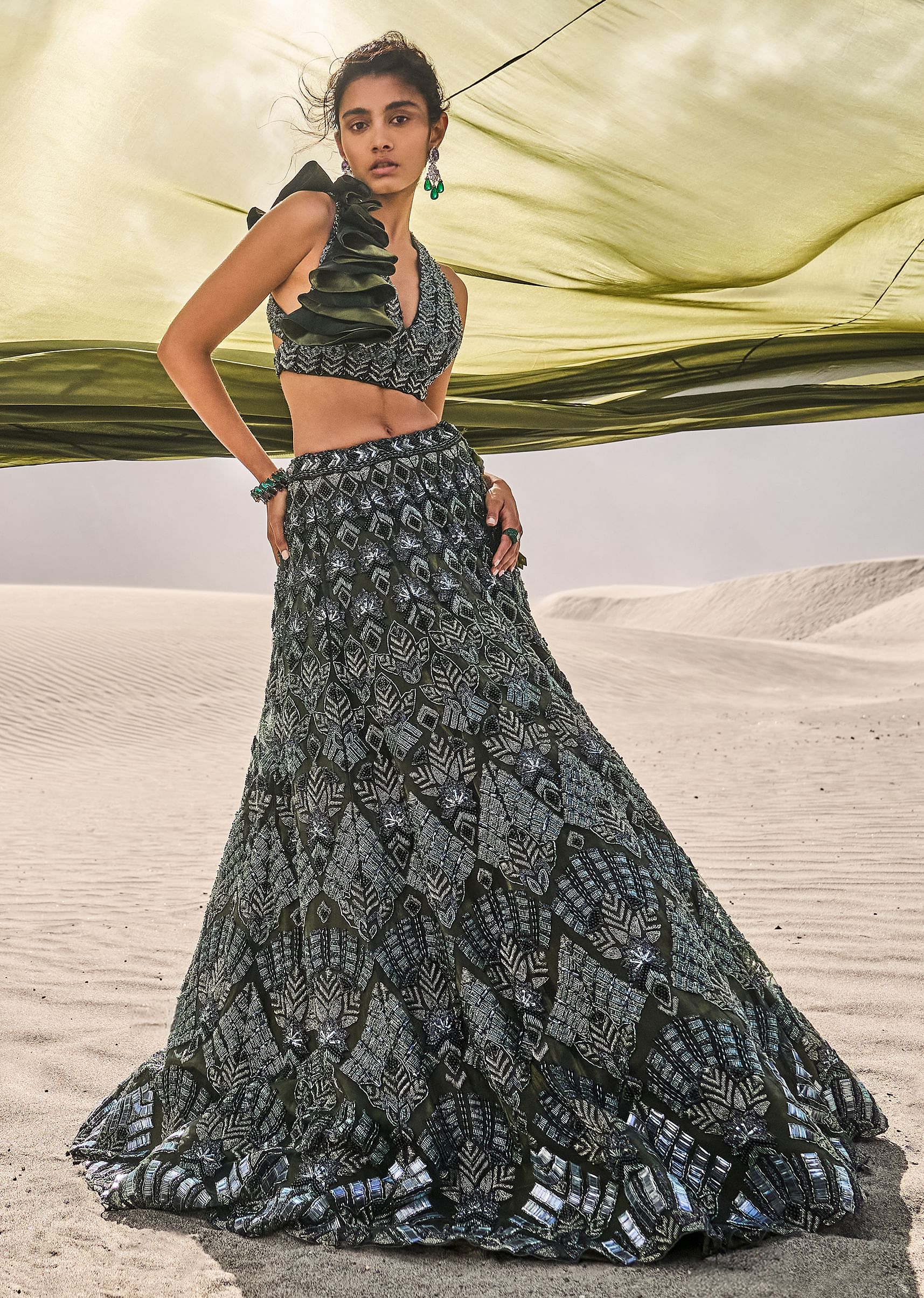 15963-dark-olive-green-3d-embroidered-lehenga-set-with-one-side-ruffle-trail-1.jpg Dark Olive Green 3D Embroidered Lehenga Set With One Side Ruffle Trail