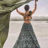 Dark Olive Green 3D Embroidered Lehenga Set With One Side Ruffle Trail
