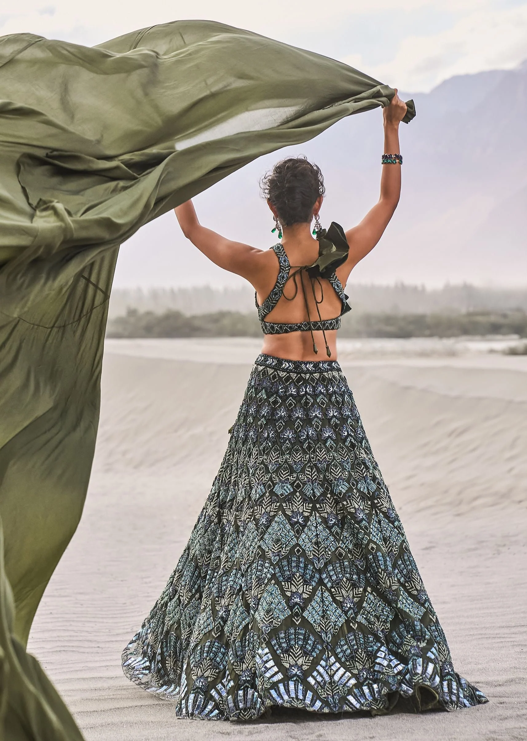 Dark Olive Green 3D Embroidered Lehenga Set With One Side Ruffle Trail