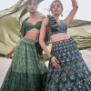 Dark Olive Green 3D Embroidered Lehenga Set With One Side Ruffle Trail