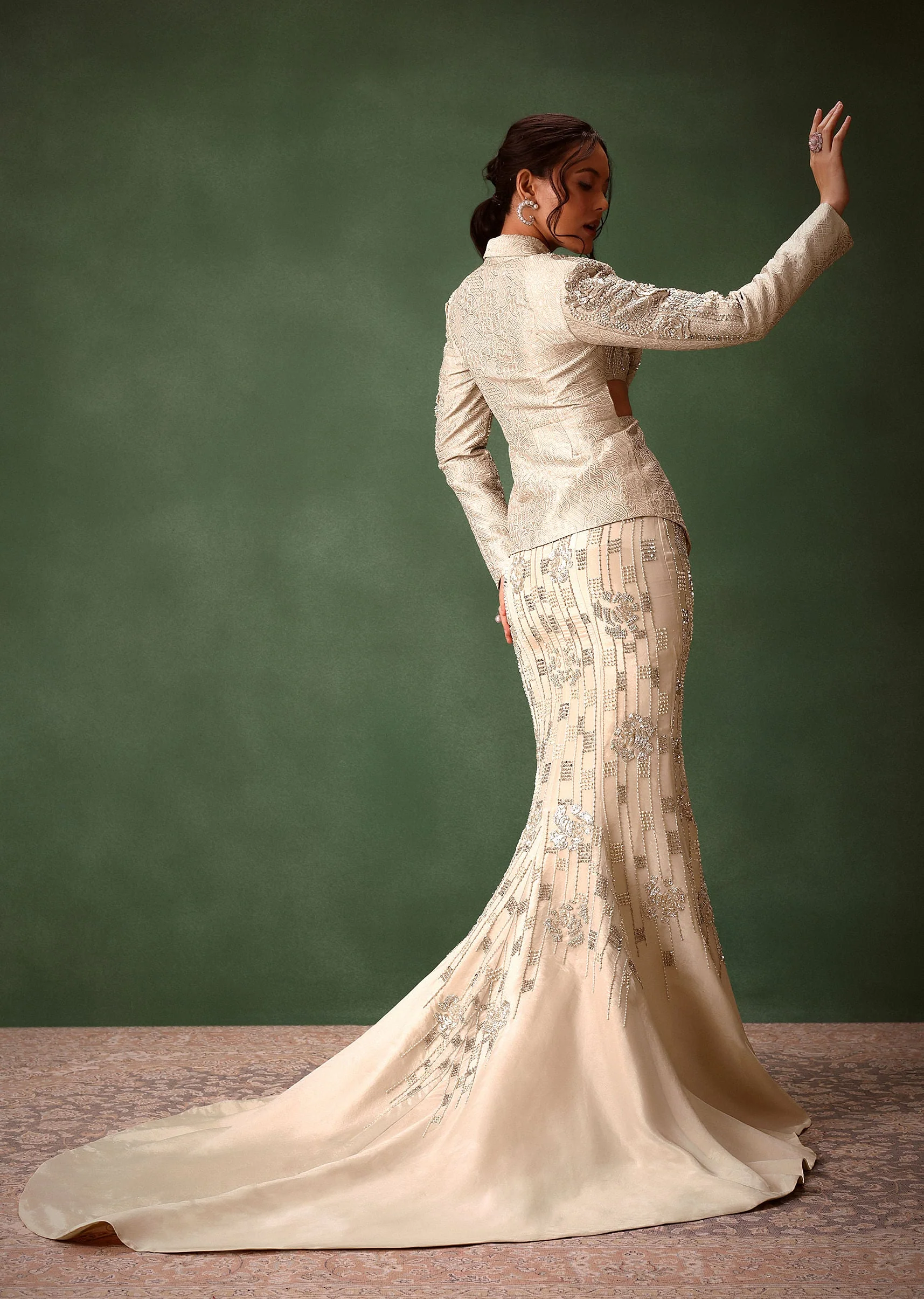 Silver Banarasi Brocade Jacket Lehenga Set