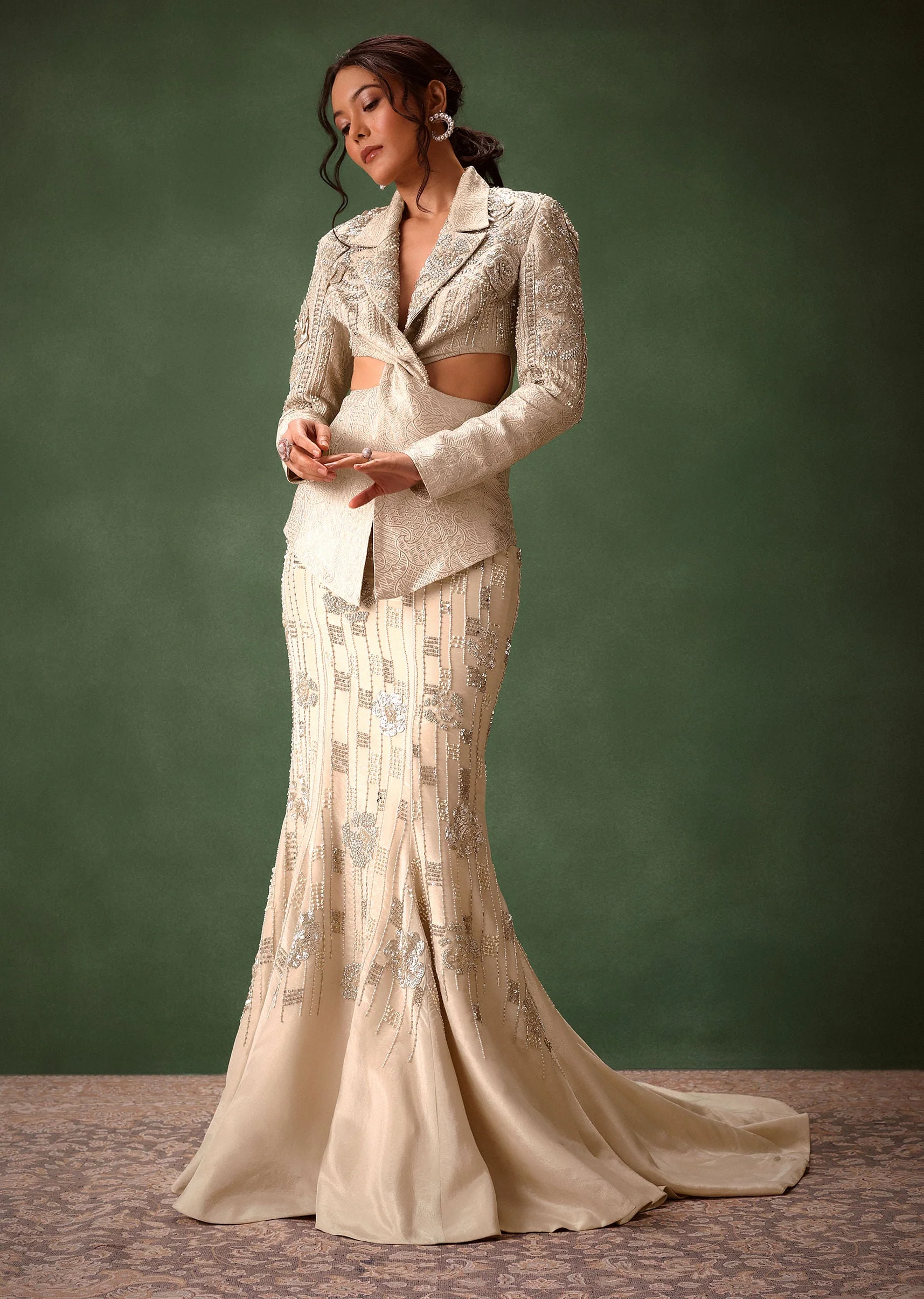Silver Banarasi Brocade Jacket Lehenga Set