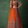 Tussar Orange Embroidered Lehenga With Scoop Neckline Blouse And Dupatta