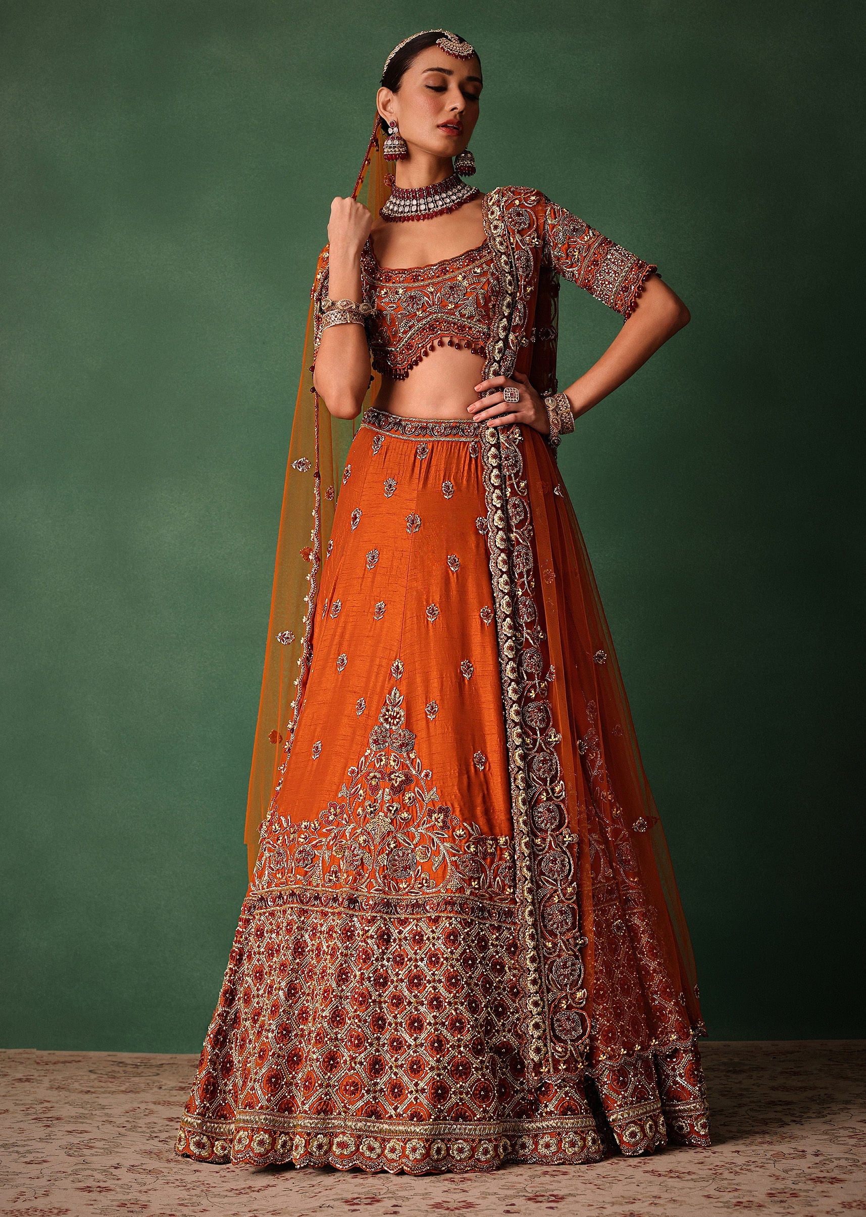 15997-tussar-orange-embroidered-lehenga-with-scoop-neckline-blouse-and-dupatta-1.jpg Tussar Orange Embroidered Lehenga With Scoop Neckline Blouse And Dupatta