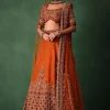Tussar Orange Embroidered Lehenga With Scoop Neckline Blouse And Dupatta