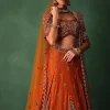 Tussar Orange Embroidered Lehenga With Scoop Neckline Blouse And Dupatta