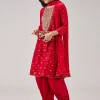 Red Bandhani Banarasi Dhoti Set With Gotta Work