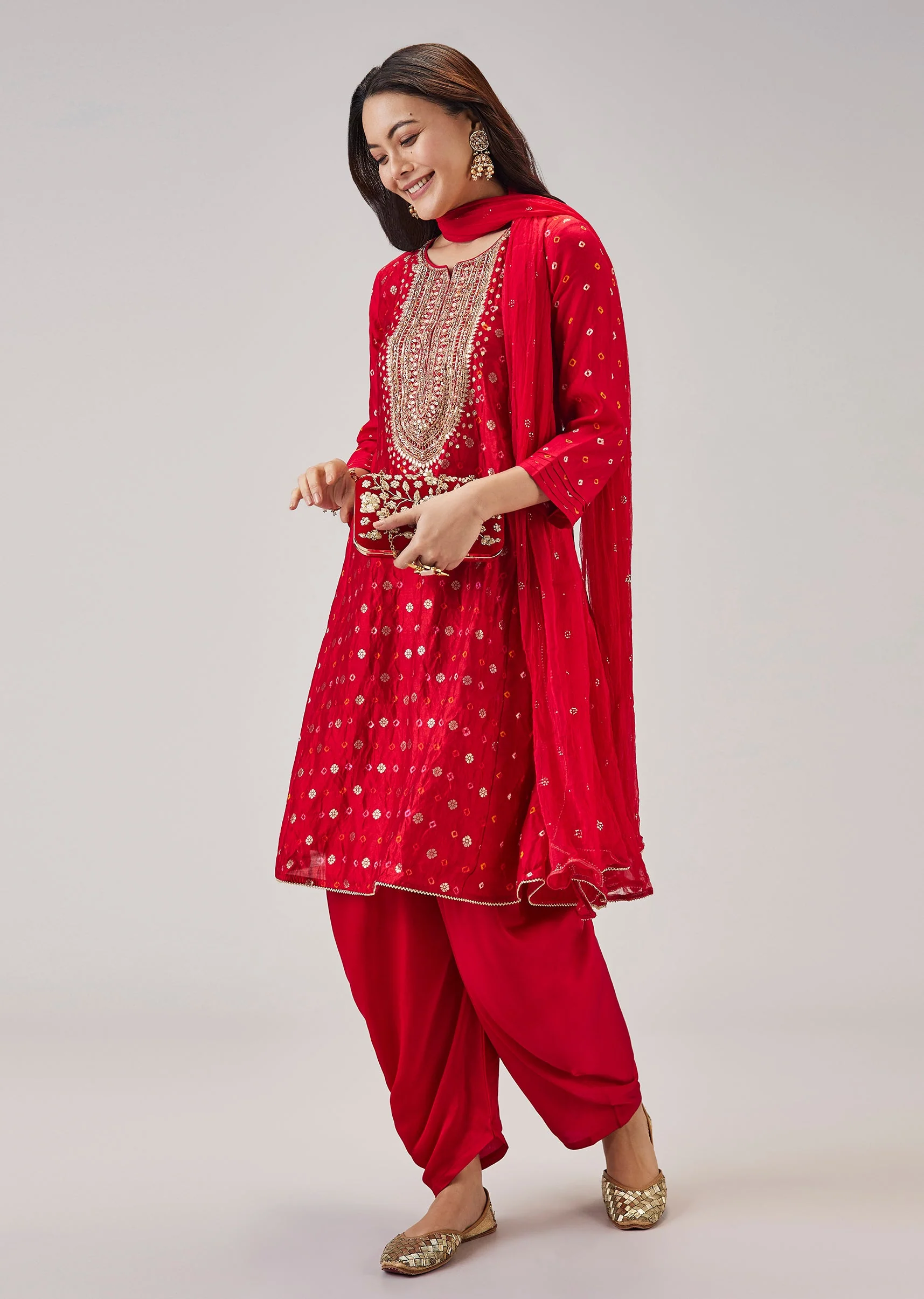 Red Bandhani Banarasi Dhoti Set With Gotta Work