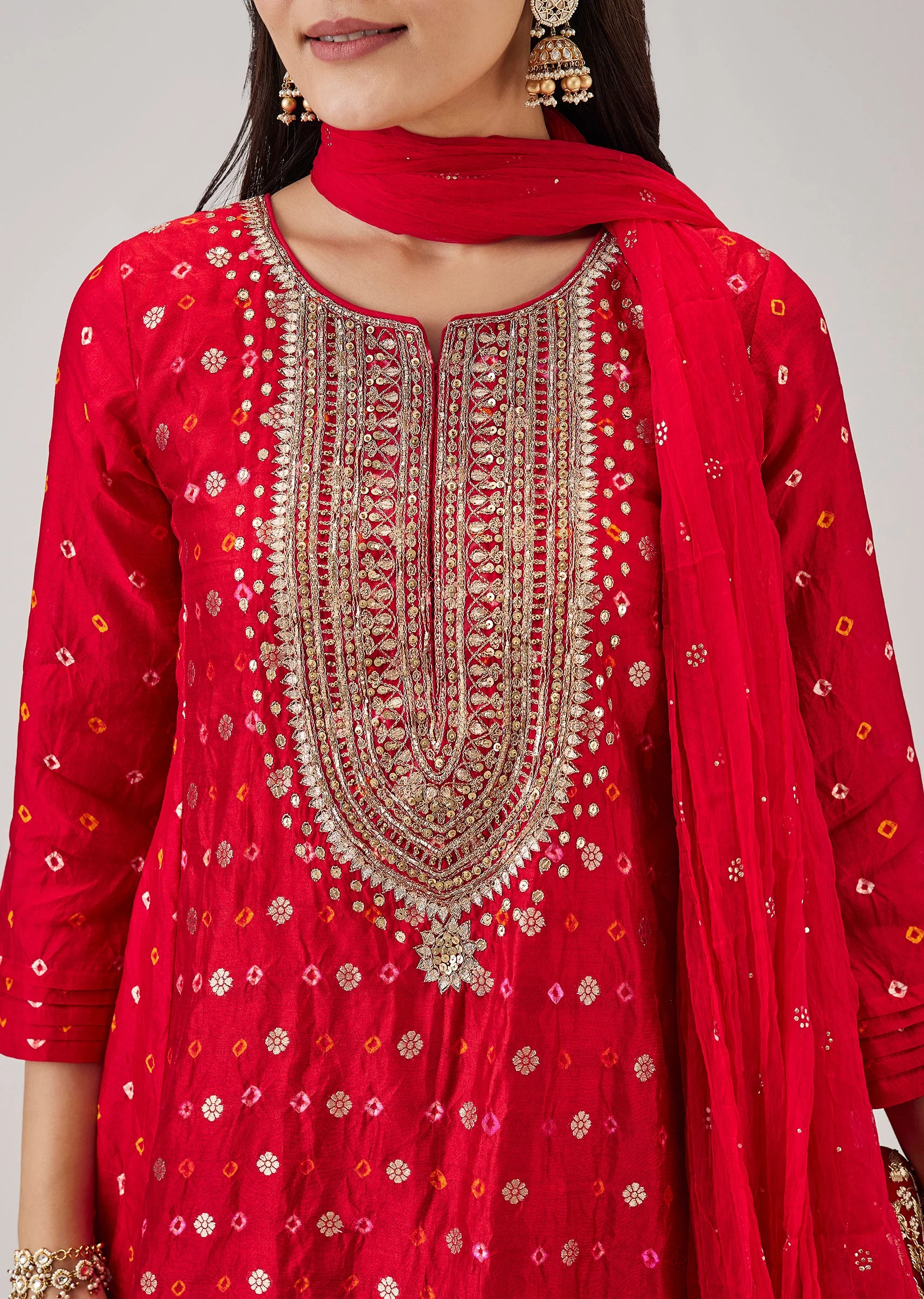 Red Bandhani Banarasi Dhoti Set With Gotta Work