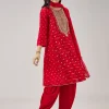 Red Bandhani Banarasi Dhoti Set With Gotta Work