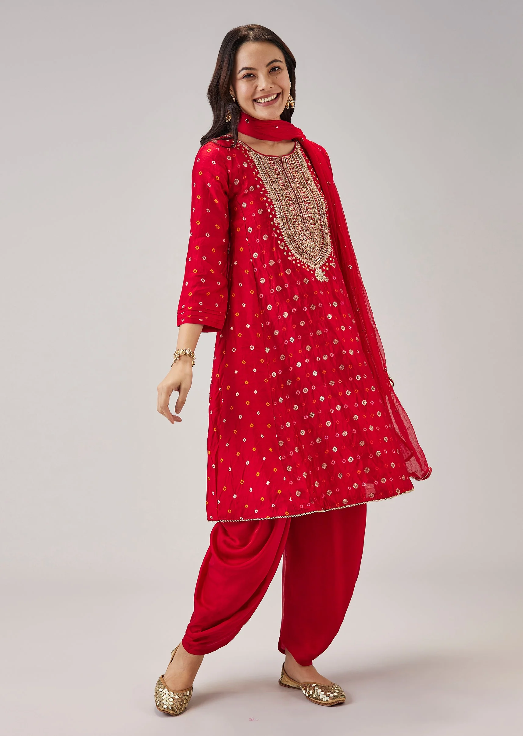 Red Bandhani Banarasi Dhoti Set With Gotta Work