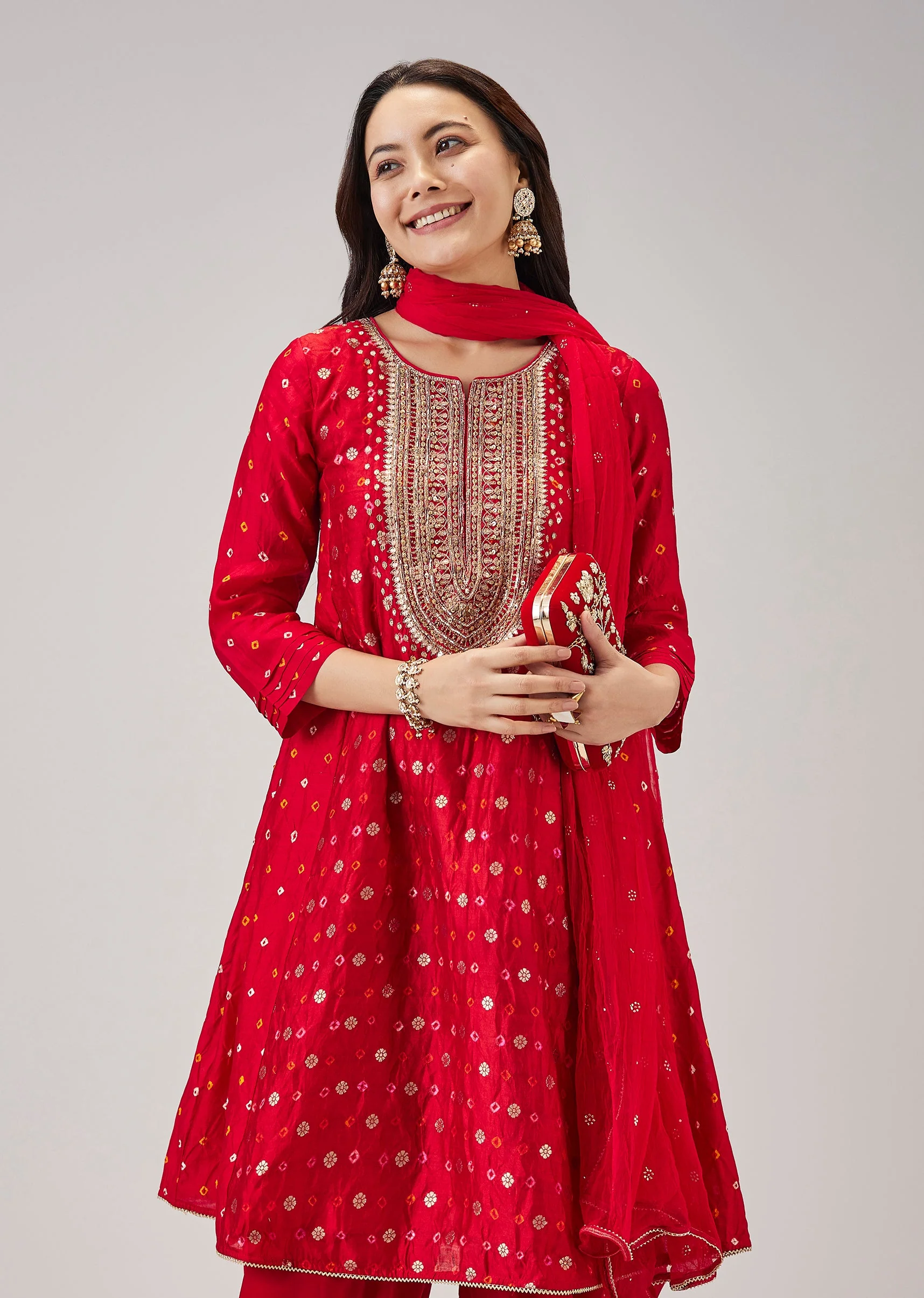 Red Bandhani Banarasi Dhoti Set With Gotta Work