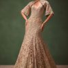 Beige Heavy Embroidered Gown With Jacket