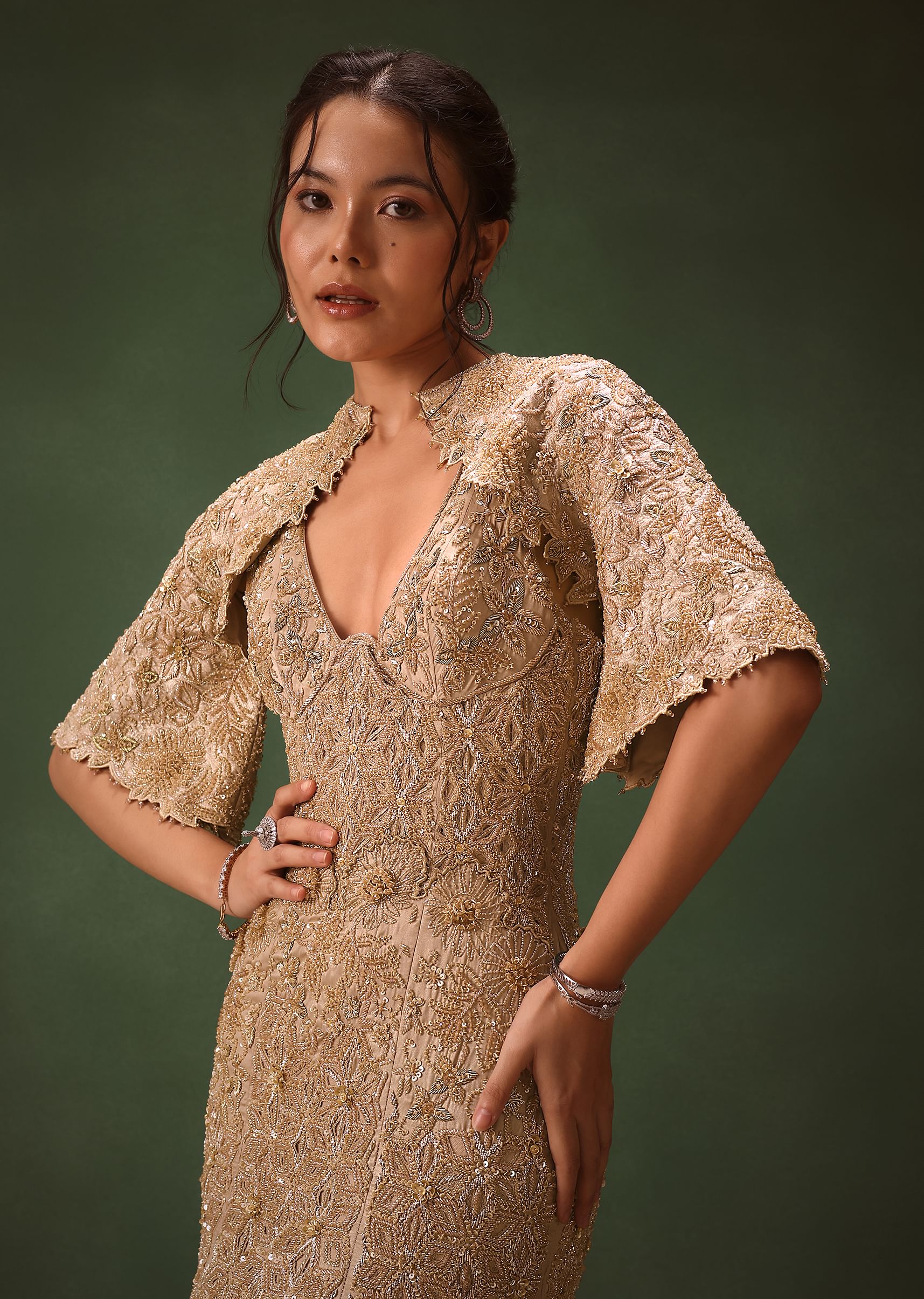 Beige Heavy Embroidered Gown With Jacket