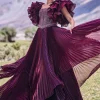 Wine Embroidered Flared Pleated Gown With Ruffle Sleeves