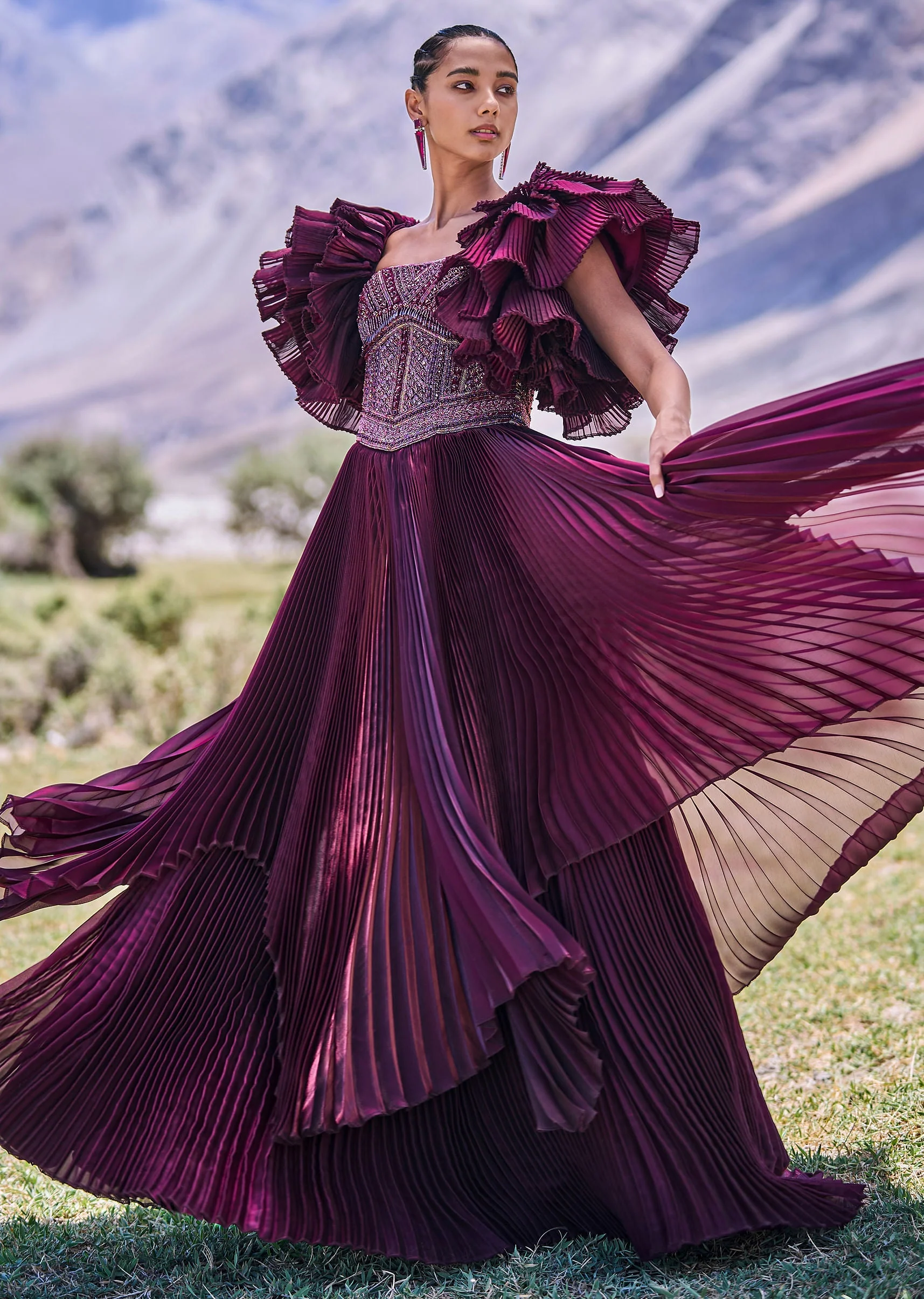 16031-wine-embroidered-flared-pleated-gown-with-ruffle-sleeves-1.webp Wine Embroidered Flared Pleated Gown With Ruffle Sleeves