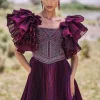 Wine Embroidered Flared Pleated Gown With Ruffle Sleeves