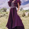 Wine Embroidered Flared Pleated Gown With Ruffle Sleeves