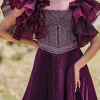 Wine Embroidered Flared Pleated Gown With Ruffle Sleeves