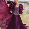 Wine Embroidered Flared Pleated Gown With Ruffle Sleeves