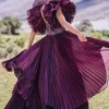 Wine Embroidered Flared Pleated Gown With Ruffle Sleeves